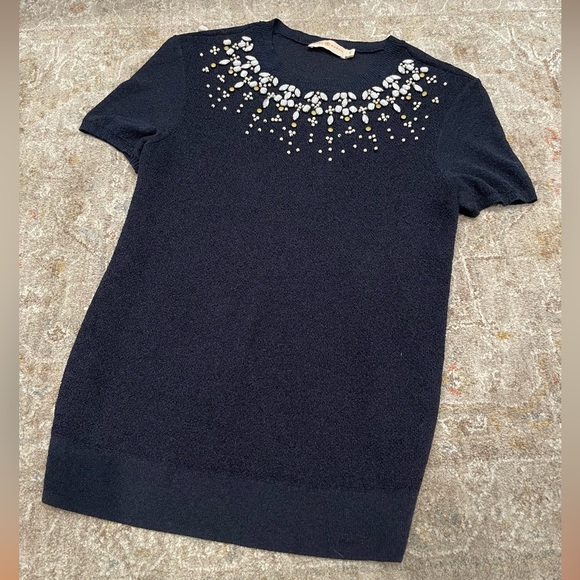 Tory Burch Pierce Short Sleeve Sweater Navy Blue Embellished Gems Beads Size XS - Picture 1 of 6